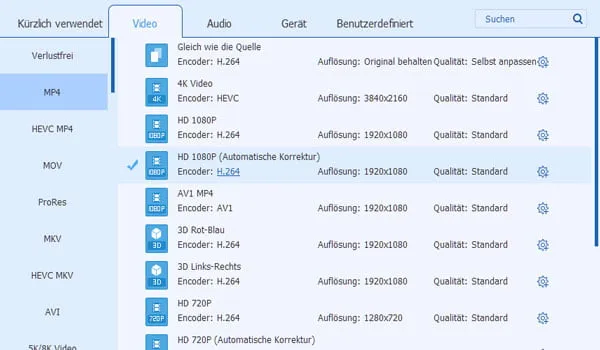 Ausgabeformat wählen