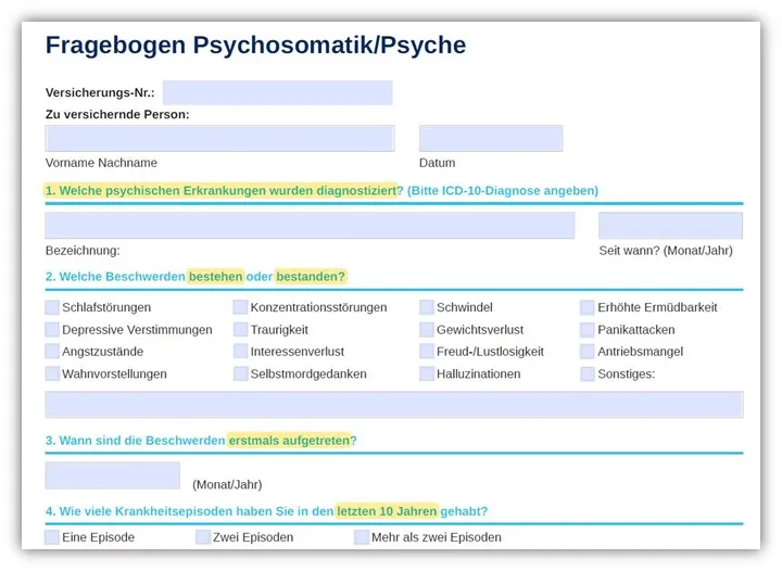 Ausschnitt aus dem Fragebogen Psychosomatik/Psyche der Hannoverschen Risikolebensversicherung