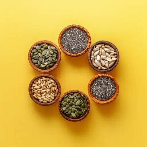 Auswahl an gesunden Samen und Kernen wie Kürbiskerne, Leinsamen und Sonnenblumenkerne, ideal für Brotteig.