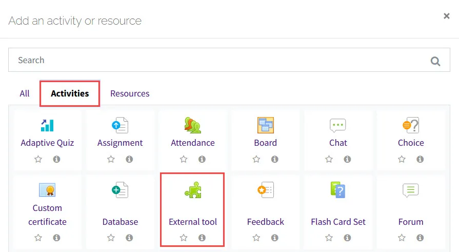 Auswahl des externen Tools in den Moodle-Aktivitätseinstellungen