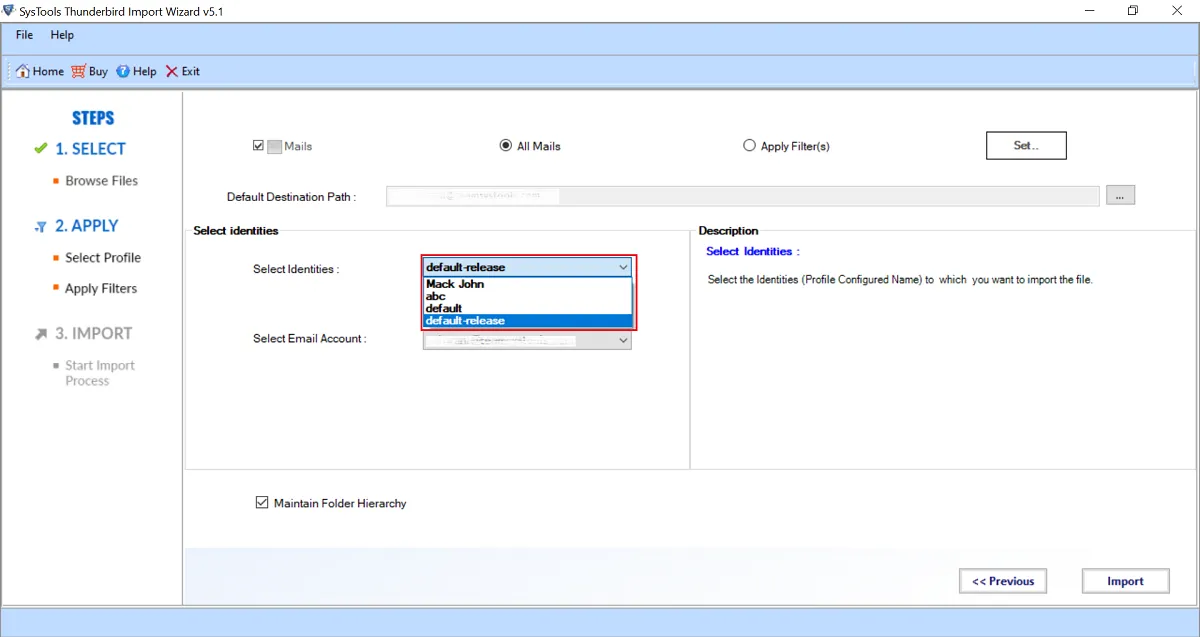 Auswahl des Thunderbird-Profils für den E-Mail-Import