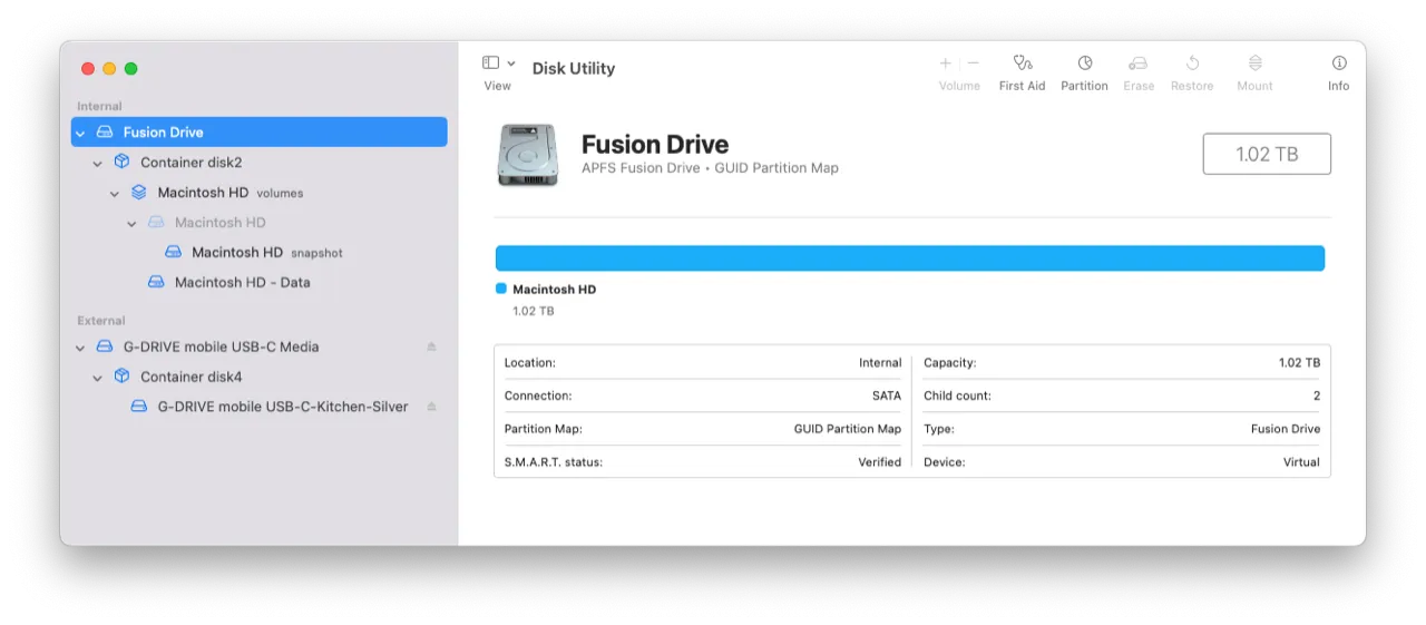 Auswahl des Top-Level-Laufwerks im Festplattendienstprogramm