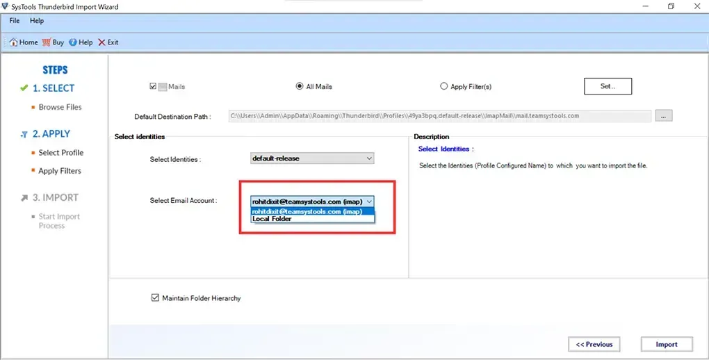 Auswahl des Ziel-E-Mail-Kontos in Thunderbird für den Import