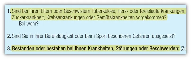Auszug aus dem ärztlichen Zeugnis der Hannoverschen Versicherung mit spezifischen Gesundheitsfragen