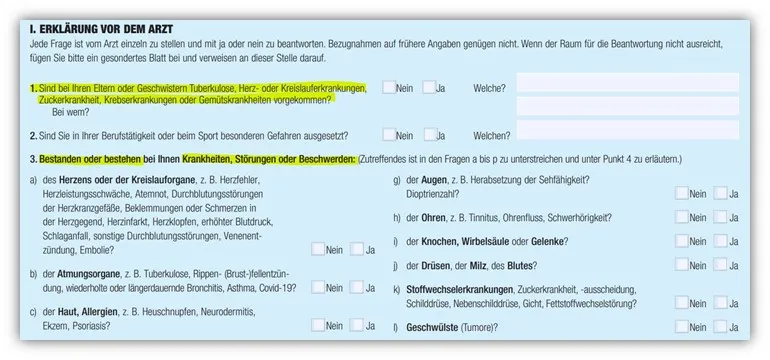 Auszug aus dem ärztlichen Zeugnis mit zusätzlichen Gesundheitsfragen der Hannoverschen Lebensversicherung