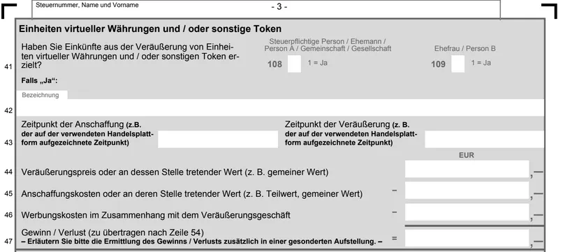 Auszug aus dem deutschen Steuerformular Anlage SO für Veräußerungsgeschäfte