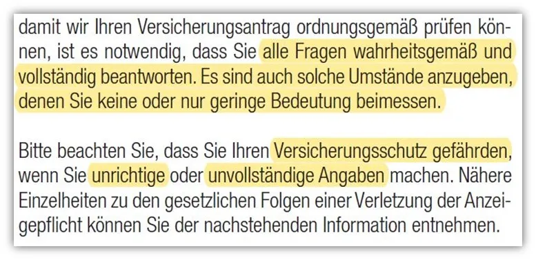 Auszug aus den Bedingungen zur vorvertraglichen Anzeigepflicht bei der Hannoverschen Lebensversicherung