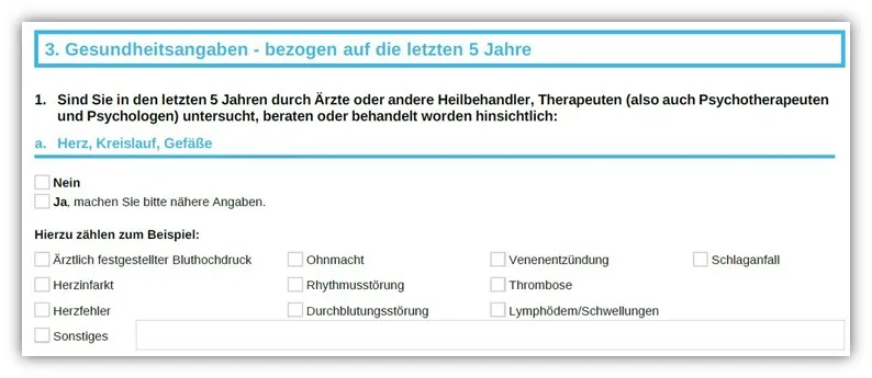Auszug der Gesundheitsfragen der Hannoverschen Risikolebensversicherung zu Herz-Kreislauf-Erkrankungen