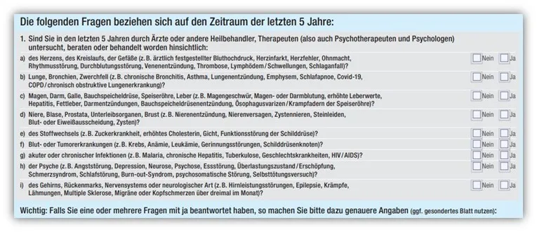Auszug der Gesundheitsfragen der Hannoverschen Risikolebensversicherung