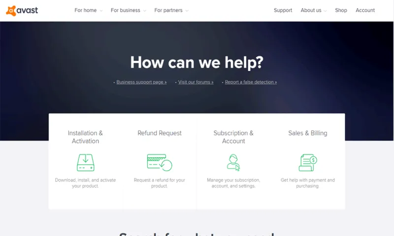 Avast Kundensupport Bereich