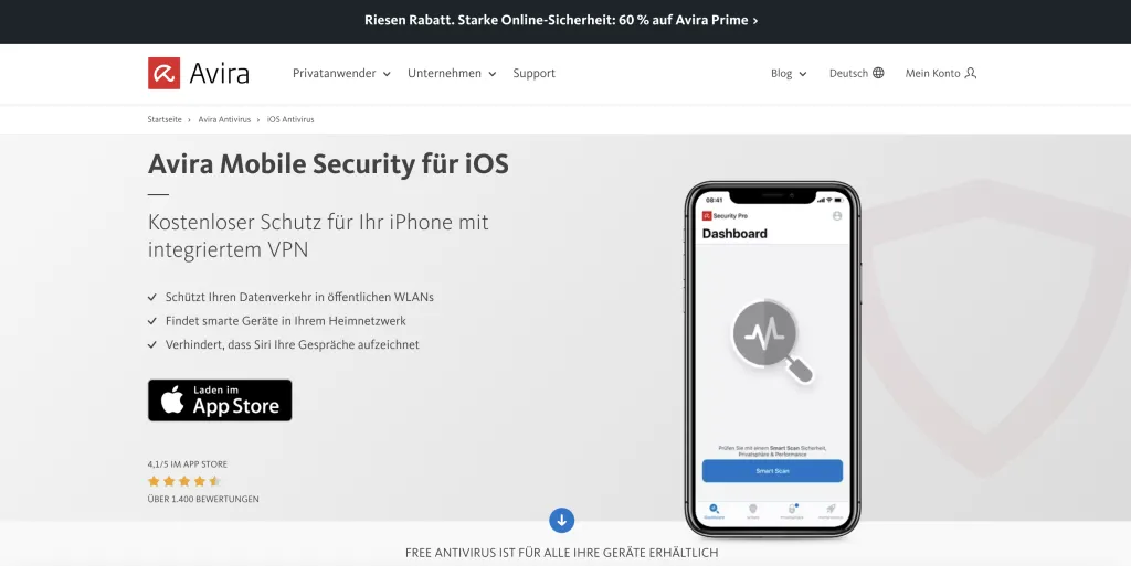 Avira Mobile Security App-Oberfläche auf einem iPhone, die Schutzfunktionen für iOS-Geräte anzeigt.