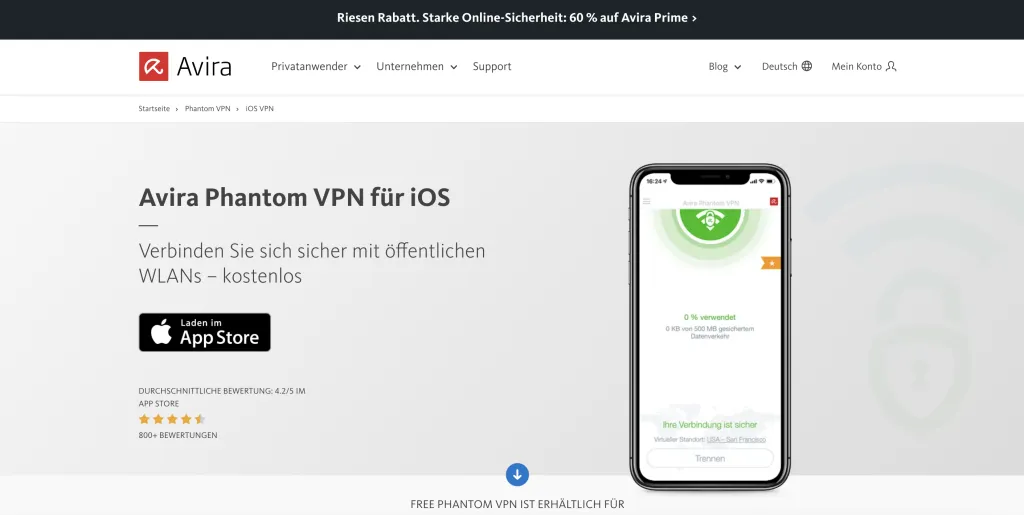 Avira Phantom VPN App auf einem iOS-Gerät, die eine sichere und verschlüsselte Verbindung symbolisiert.