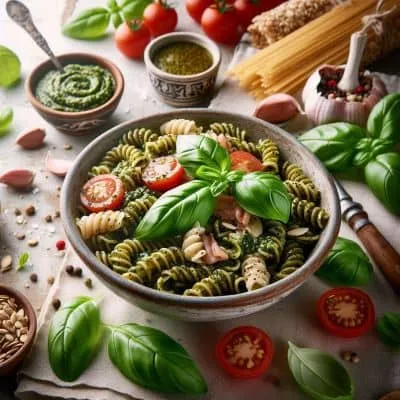 Basilikum Pesto ohne Pinienkerne mit basischen Nudeln in einer Schale