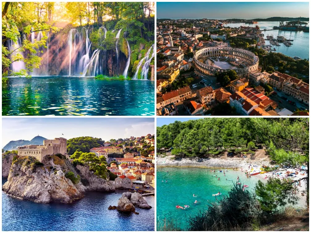 Beeindruckende Natur an den Plitvicer Seen, die historische Arena in Pula, die Stadtmauern von Dubrovnik und ein einladender Strand bei Pula