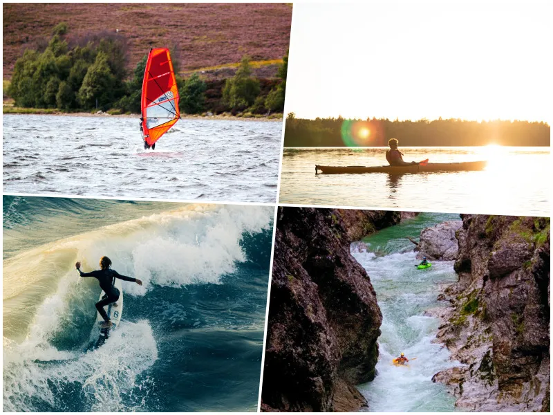 Begeisterte Wassersportler beim Surfen, Kajakfahren und Windsurfen auf Seen und Meer