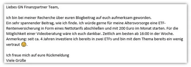 Beispiel einer Anfrage zur ETF-Rentenversicherung Nettopolice
