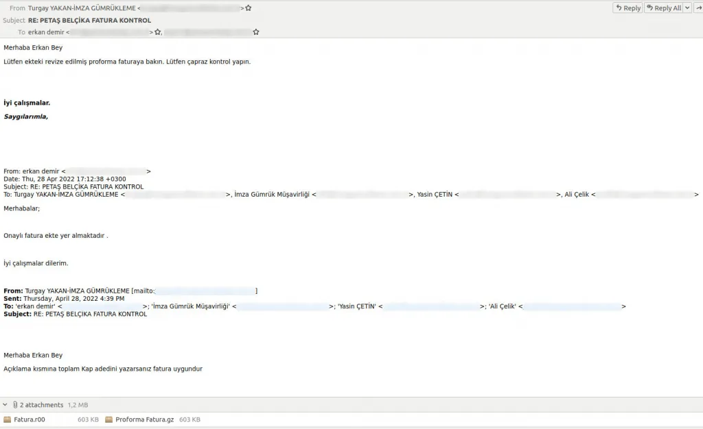 Beispiel einer bösartigen E-Mail, die sich als legitime Geschäftskorrespondenz tarnt, um Nutzer zum Öffnen von Anhängen mit Schadsoftware zu verleiten und so Daten zu stehlen oder das Unternehmensnetzwerk zu infizieren.