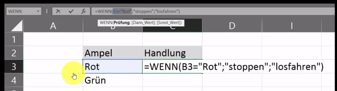 Beispiel einer einfachen WENN-DANN-SONST-Funktion in Excel für eine Ampelsteuerung