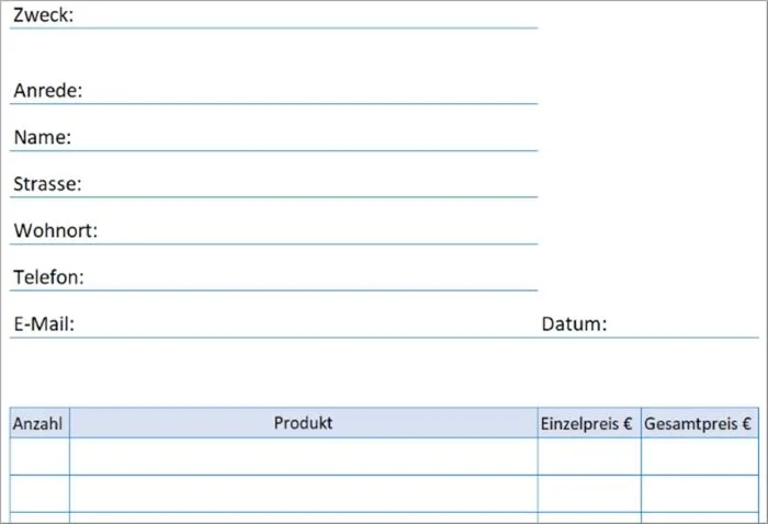 Beispiel einer kostenlosen Bestellformular Excel Vorlage zur sofortigen Nutzung und Anpassung