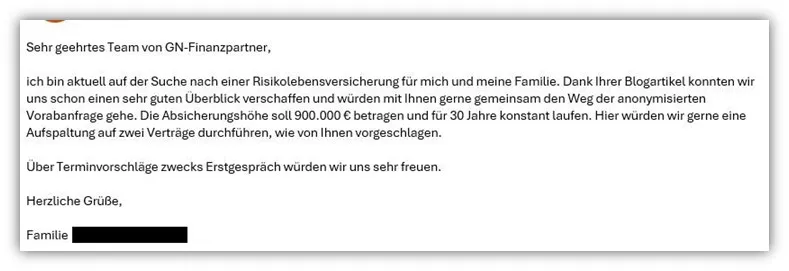 Beispiel einer Kundenanfrage per E-Mail für eine Versicherungsberatung