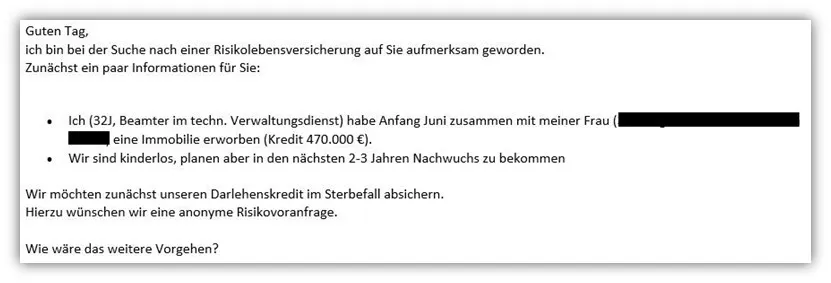 Beispiel einer Kundenanfrage per E-Mail zur Risikolebensversicherung von P.F.