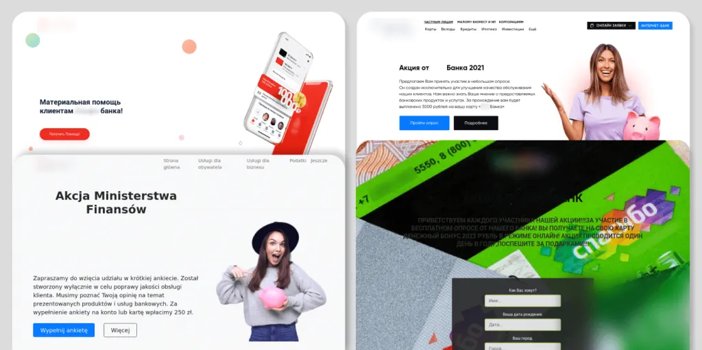 Beispiel einer Phishing-E-Mail, die sich als große Bank ausgibt und eine Umfrage zur Servicequalität mit dem Versprechen einer Belohnung nutzt, um persönliche Daten und Finanzinformationen abzugreifen.