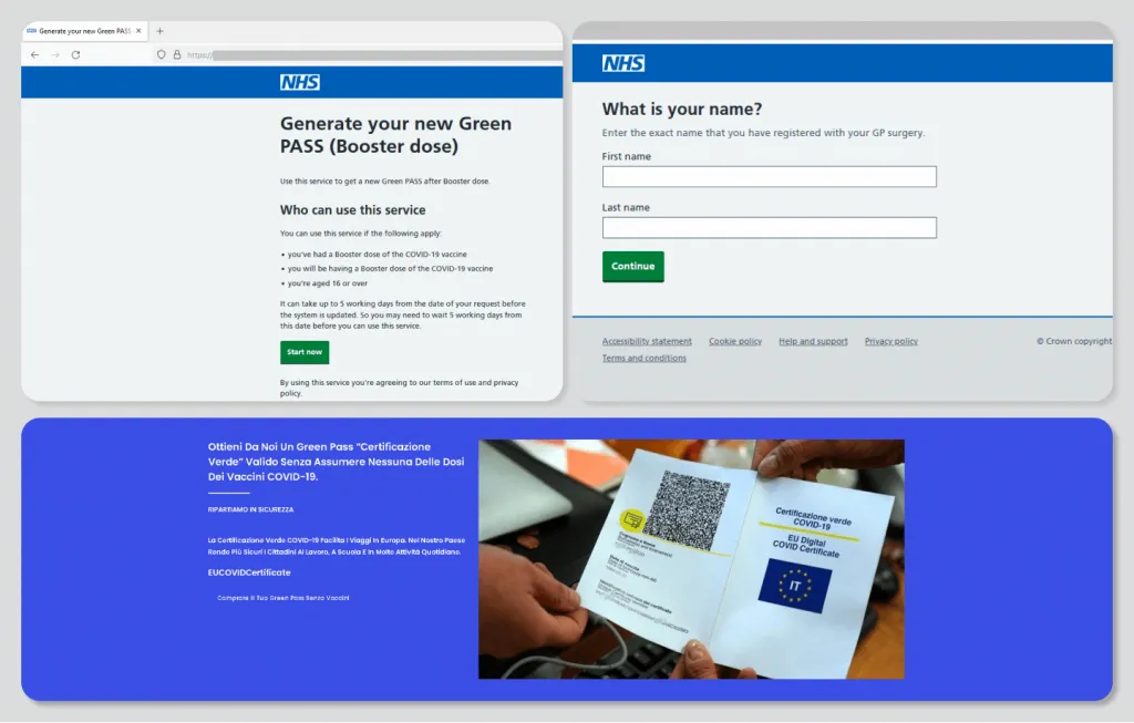 Beispiel einer Phishing-Seite, die im Namen des NHS britische Nutzer zur Eingabe ihrer Anmeldeinformationen verleitet, um ein angebliches COVID-Impfzertifikat zu erhalten.