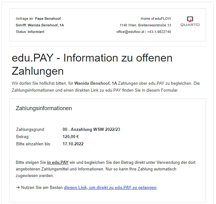 Beispiel einer Zahlungsinformation mit Link zur Bezahlseite in edu.PAY