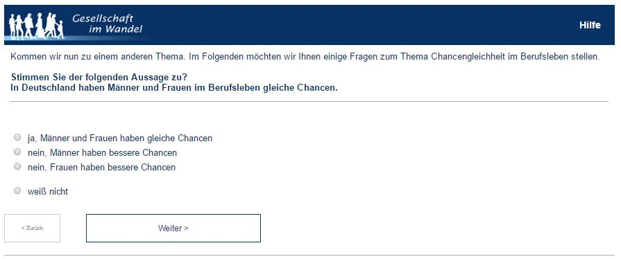 Beispiel eines Fragebogens der Studie Gesellschaft im Wandel, der nach gleichen Chancen für Männer und Frauen im Berufsleben fragt.