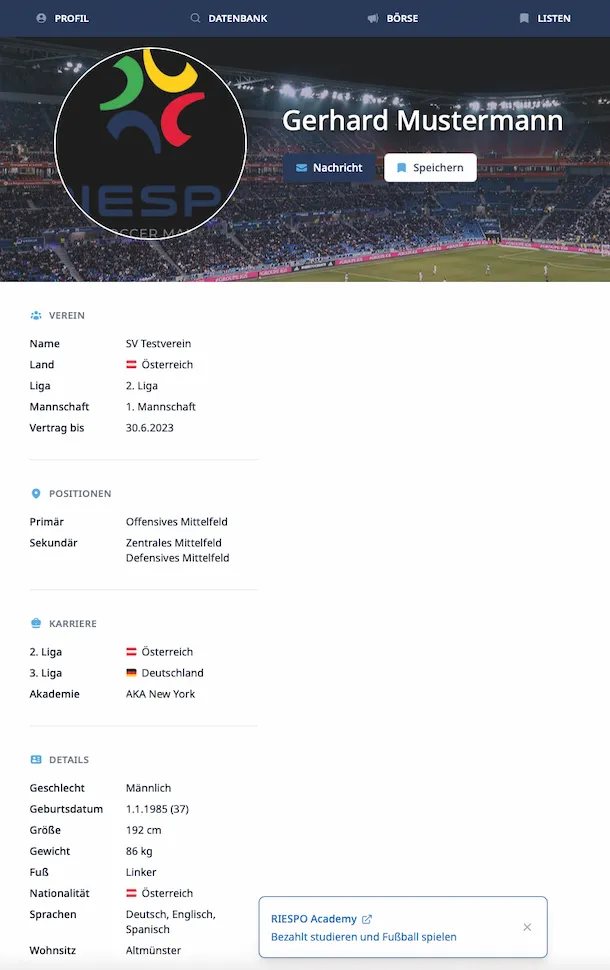 Beispiel eines Spielerprofils in der RIESPO Fußball-Datenbank zur vereinfachten Spielersuche