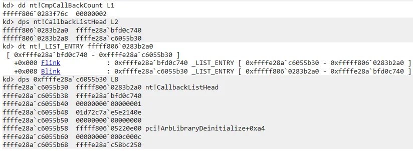 Beispiel für Code, der einen Abschnitt im pci.sys-Image im Speicher patchet, um ihn mit einem kurzen Shellcode-Stub zu überschreiben, der zu einem Registrierungsinspektions-Callback springt