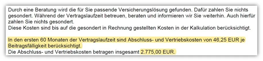 Beispiel für die Ausweisung der Abschluss- und Vertriebskosten in den Versicherungsbedingungen.