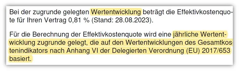 Beispiel für die Ausweisung der Effektivkosten der WWK fondsgebundene Rentenversicherung ohne Angabe einer beispielhaften Wertentwicklung.