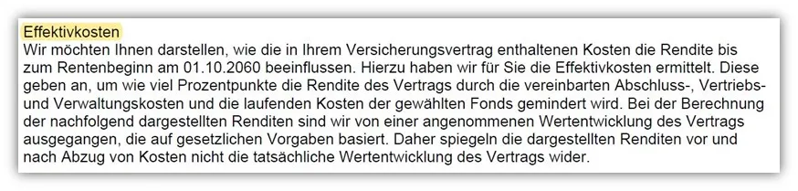 Beispiel für die Ausweisung der Effektivkosten in den Versicherungsbedingungen einer privaten fondsgebundenen Rentenversicherung.