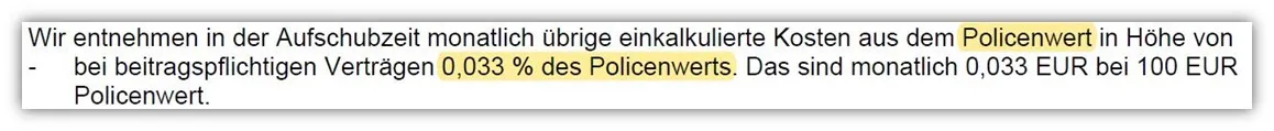Beispiel für die Ausweisung der Gamma-Kosten in den Versicherungsbedingungen der Condor Versicherung.