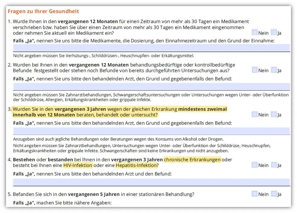 Beispiel für klare Gesundheitsfragen der Dortmunder Risikolebensversicherung