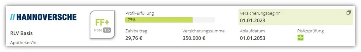 Beispielrechnung für den monatlichen Beitrag der Hannoverschen Risikolebensversicherung, 350.000 € über 30 Jahre.