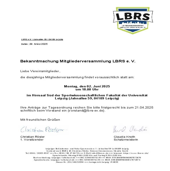 Bekanntmachung der Mitgliederversammlung 2025