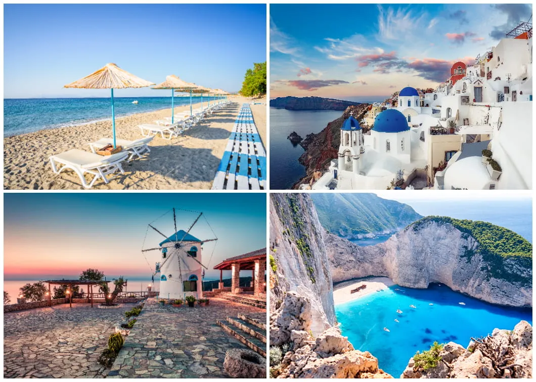 Beliebte Sehenswürdigkeiten in Griechenland: Kardamena Beach auf Kos (oben links), Santorin (oben rechts), Windmühle auf Zakynthos (unten links), Schmugglerbucht auf Zakynthos (unten rechts)