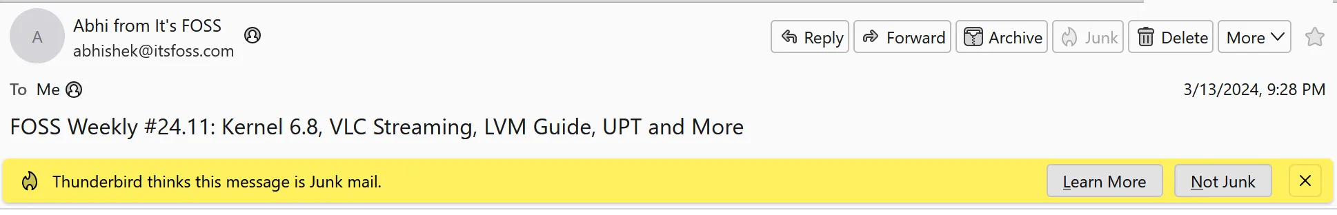 Benachrichtigung &quot;Kein Spam&quot; in Thunderbird