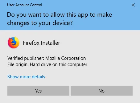 Benutzerkontensteuerung für den Firefox Installer unter Windows 10