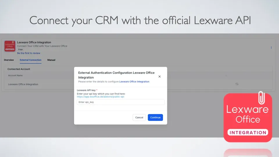Benutzeroberfläche der Lexware CRM Integration: Dashboard mit Verbindungseinstellungen