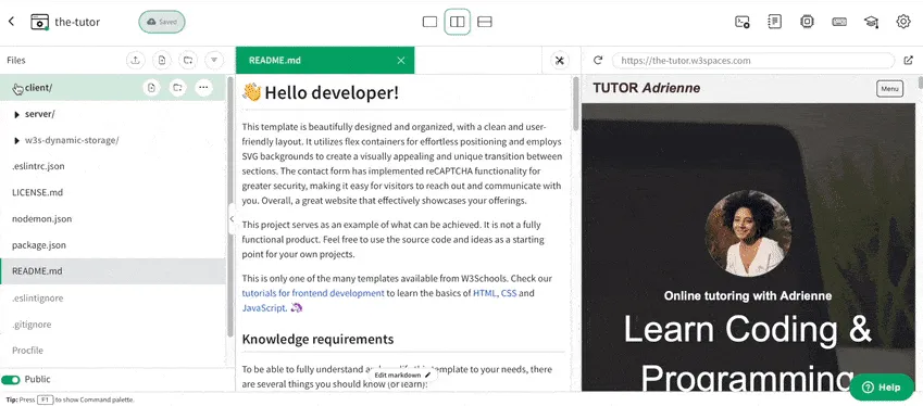 Benutzeroberfläche des W3Schools Spaces Code-Editors in Aktion, der die einfache Bedienung und das direkte Bearbeiten von HTML, CSS und JavaScript im Browser demonstriert.