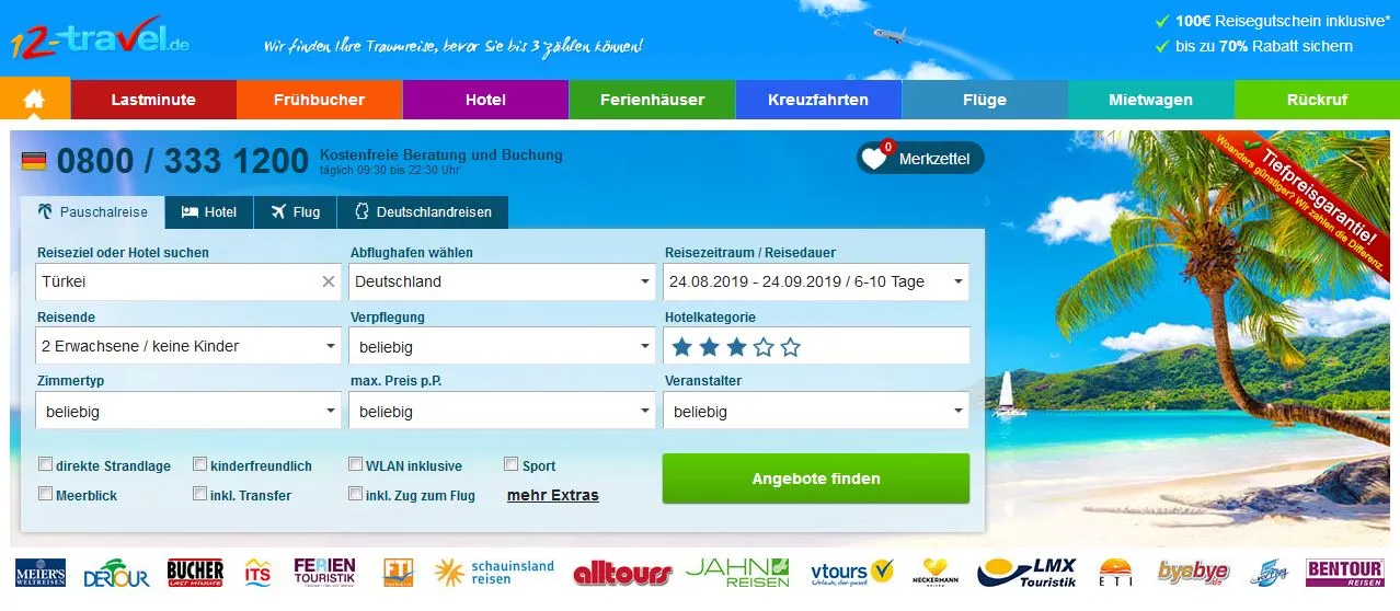 Benutzeroberfläche eines Reiseportals mit Suchmaske für Pauschalreisen und Last-Minute-Angebote