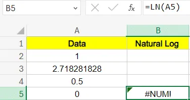 Berechnung des natürlichen Logarithmus von Null in Excel und resultierende Fehlermeldung