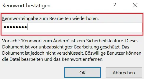 Bestätigungsfenster in Excel für das Kennwort zum Bearbeiten der Arbeitsmappe