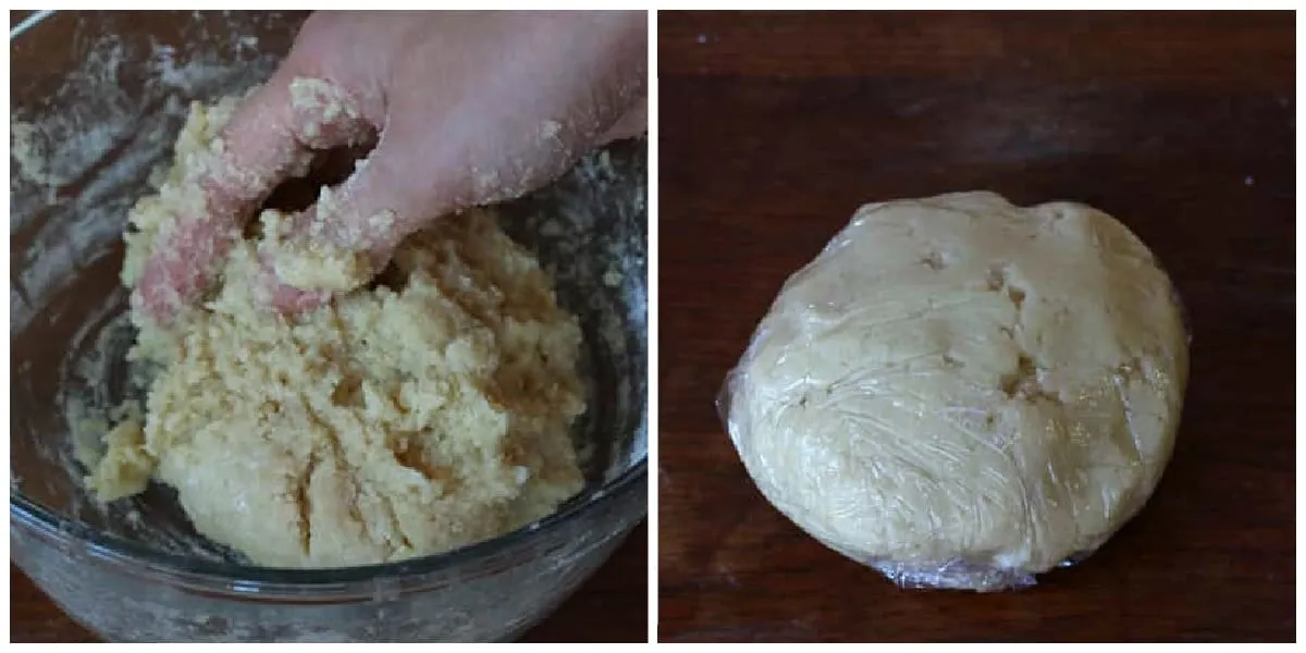 Bethmännchen Teig in Frischhaltefolie eingewickelt zum Kühlen im Kühlschrank