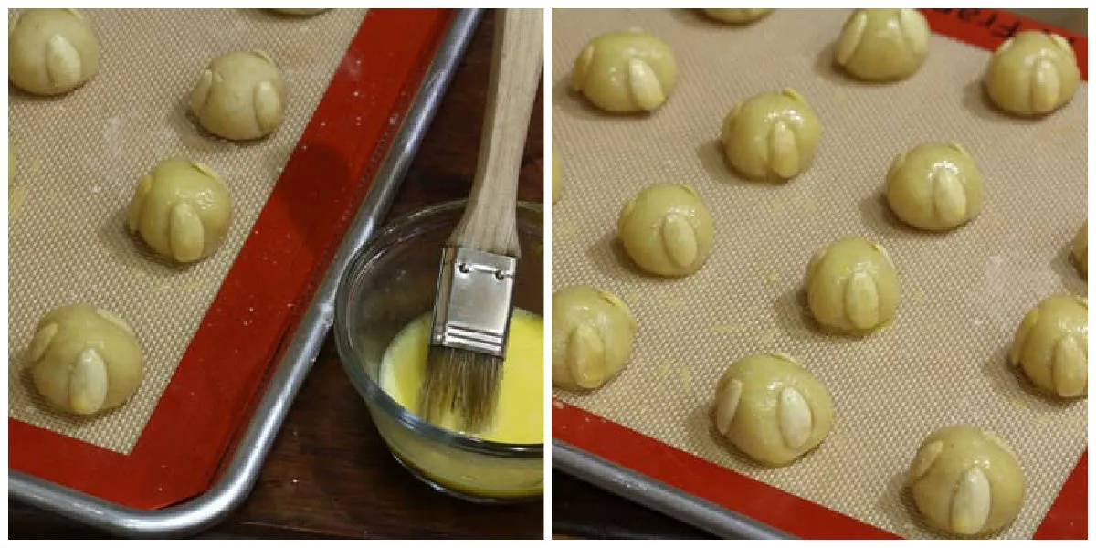 Bethmännchen vor dem Backen mit Eigelb bestrichen – typisches Vorgehen bei Weihnachtsplätzchen