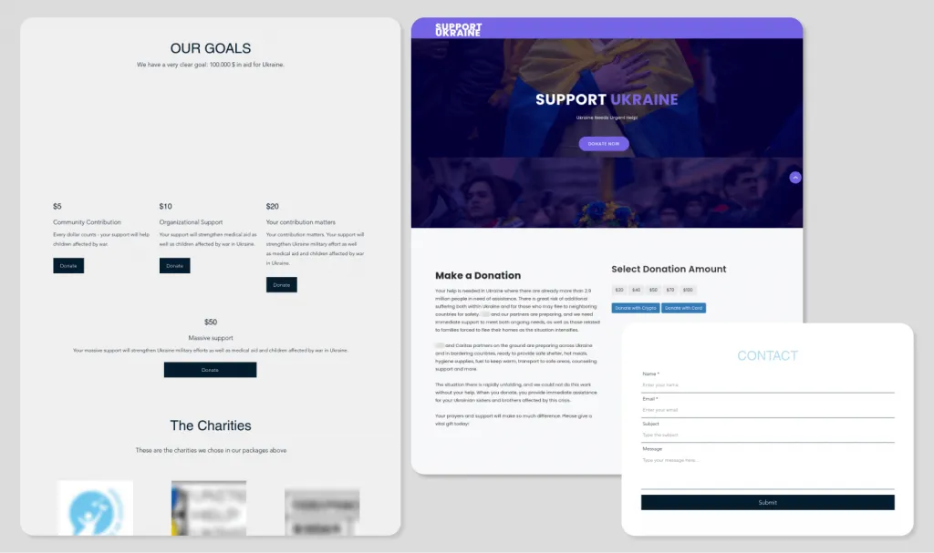 Bild einer gefälschten Spenden-Website, die sich als Wohltätigkeitsorganisation für die Ukraine ausgibt und um Spenden in verschiedenen Kryptowährungen wie Bitcoin und Ethereum bittet.