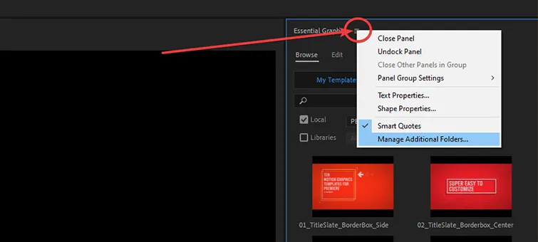 Bildschirmfoto des Essential Graphics Panels in Premiere Pro, das zeigt, wie man es öffnet und die Optionen verwaltet, um Überblendungen hinzuzufügen.